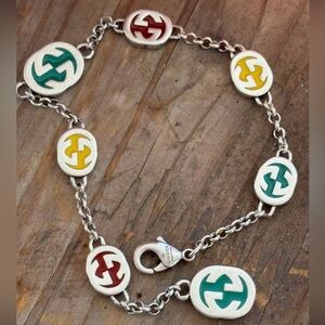 GG silver interlocking and enameled bracelet 8 inches. Gucci